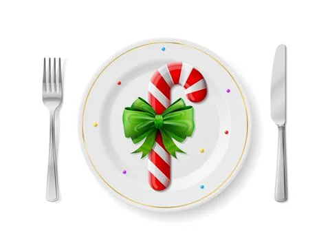 Candy cane is on white plate with fork and knife, top view Stock Illustration