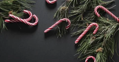 Candy canes and pine branches adorn a dark background Stock Illustration