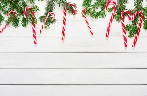 Candy canes and pine branches hanging on white background Stock Photos