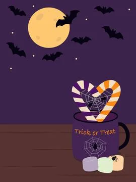 Candy Canes shape Heart with Spiders on Web in Halloween Mug near Marshmallow on Illustrazione stock