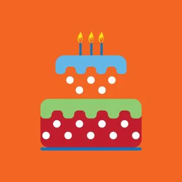 Candy card with a big colored cream cake with dots, burning candles on top Stock Illustration