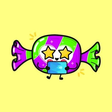 Candy character with star eyes using tablet Illustrazione stock