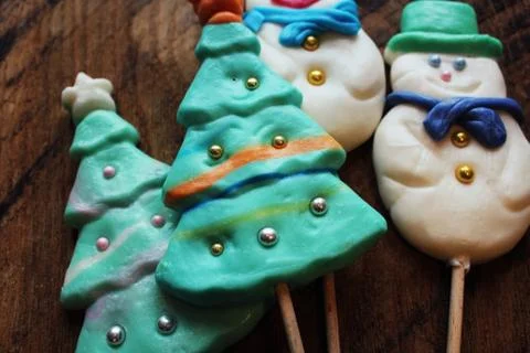 Candy christmas tree shape and snow man. Top view with Stock Photos