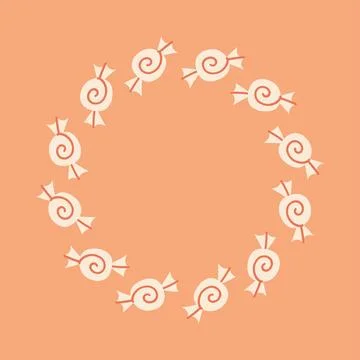 Candy circle frame with cute hand drawn sweet bonbons on orange background for Stock Illustration