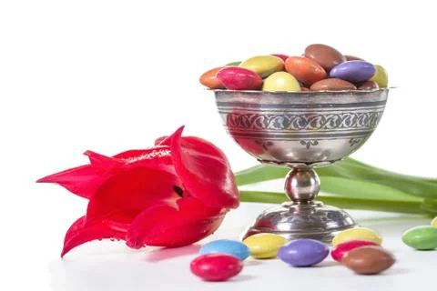 Candy-colored background with red tulips Stock Photos