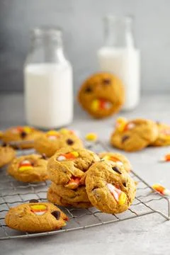 Candy corn and chocolate pumpkin cookies Stock Photos