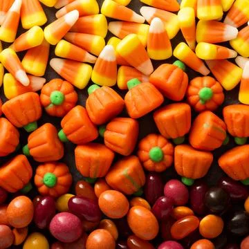 Candy corn and pumpkin Halloween background Stock Photos