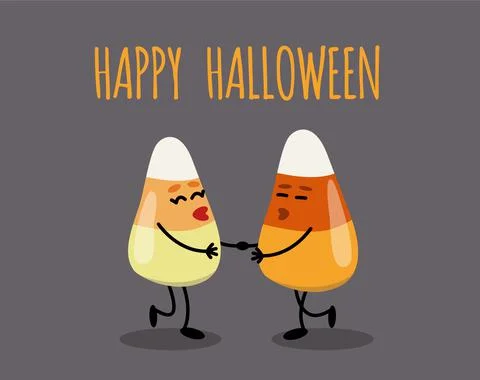 Candy Corn card. Loving couple. Halloween candies, sweets. Happy Halloween. Flat Ilustração Stock