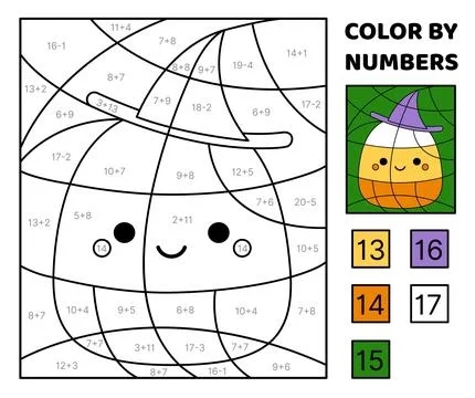 Candy corn. Solve the problem, color the picture. Addition, Subtraction Stock Illustration