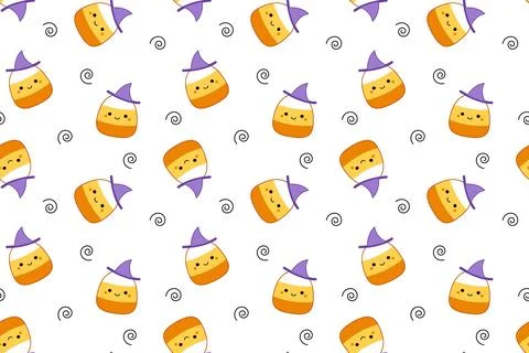 Candy corns witch on seamless pattern. Squishmallow. Cute candy corn. Kawaii Stock Illustration