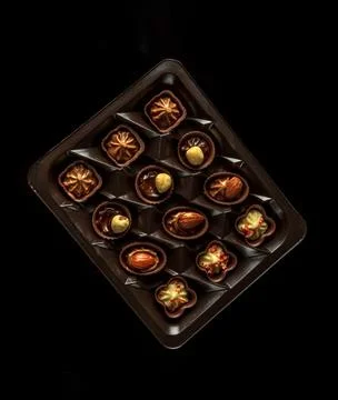 Candy with cream and nuts. Assorted chocolate on black isolated background. Stock Photos