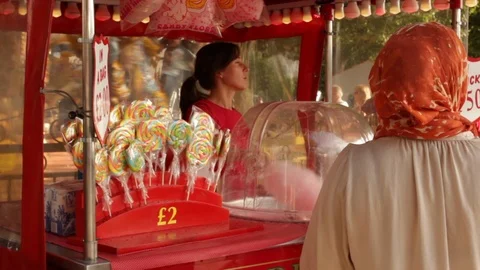 Candy Floss / Cotton Candy Seller in London Stock Footage