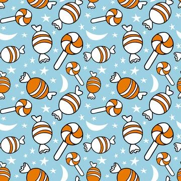 Candy Halloween Seamless pattern. Candy and lollipops on starry blue background Illustrazione stock