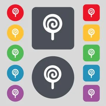 Candy icon sign. A set of 12 colored buttons. Flat design. Vector 스톡 일러스트
