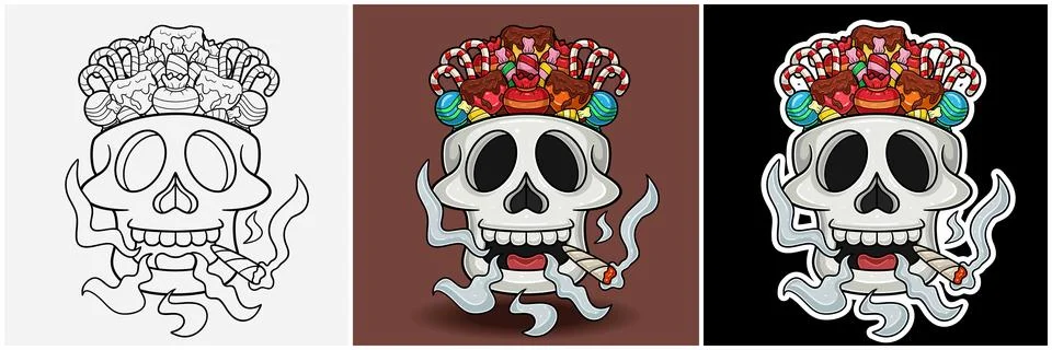 Candy Inside Skull Head With Smoking Character Cartoon. Black White, Colorf.. Stock Illustration