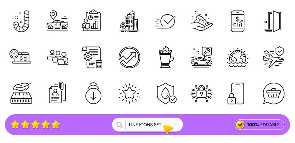 Candy, Lightweight mattress and Scroll down line icons for web app. Pictogram Stock Illustration