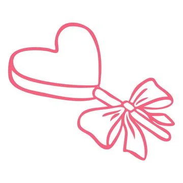 Candy lollipop in heart shape on stick decorated with ribbon bow line art Stock Illustration