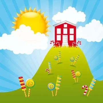 Candy mountain with house and sky. vector illustration 스톡 일러스트