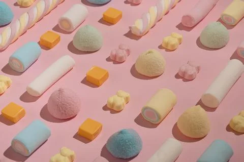 Candy pattern made of colorful marshmallows and gummy bears. Pastel pink arra Foto stock