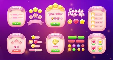 Candy Pop-Up Mobile Game UI Kit with Settings, Win, Shop, Leaderboard, Bonus Stock Illustration