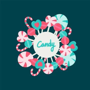 Candy round frame background with realistic fruit lollipops and candy spiral Stock Illustration