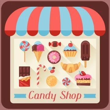Candy shop background with candy, sweets and cakes Stock Illustration