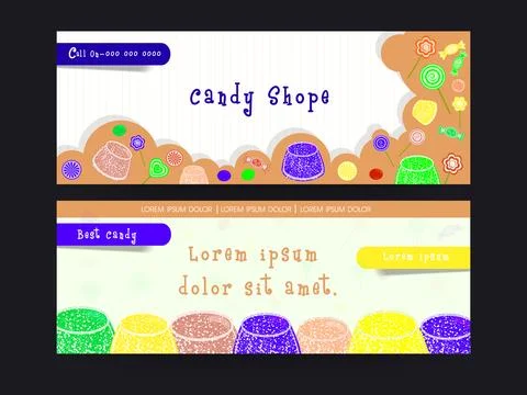 Candy Shop Banner or Header Design with Colorful Delicious Candies in Two O.. 스톡 일러스트