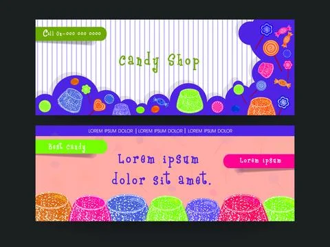 Candy Shop Banner or Header Design with Colorful Delicious Candies in Two O.. 스톡 일러스트
