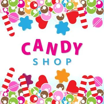 Candy Shop banner with sweets vector illustration. Background design templa.. Stock Illustration