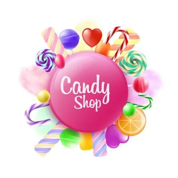 Candy shop banner template with sweets realistic vector illustration isolated. Stock Illustration