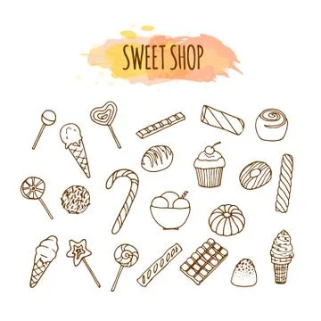 Candy shop elements. Sweets and candies sketch. Pastry illustration Stock Illustration