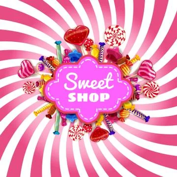 Candy shop frame template background with set of different colors of candy Stock Illustration