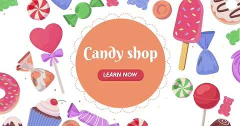 Candy shop landing page template. Moving banner with various delicious sweets Stock Footage 329945876