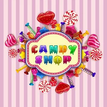 Candy Shop logo lable poster. Template background with colorful sweets lollipops Stock Illustration