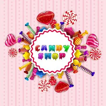 Candy Shop logo lable poster. Template background with colorful sweets lollipops Stock Illustration