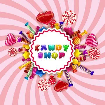 Candy Shop logo lable poster. Template background with colorful sweets lollipops Stock Illustration