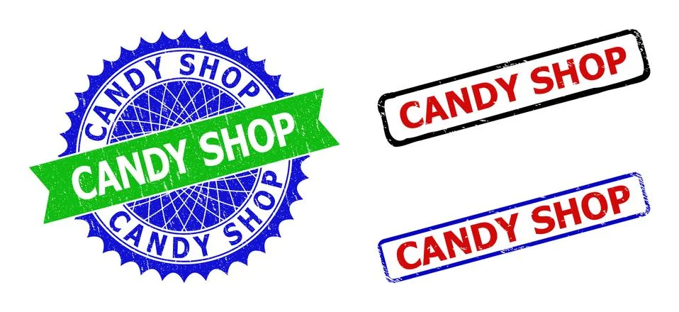 CANDY SHOP Rosette and Rectangle Bicolor Watermarks with Distress Surfaces Stock Illustration