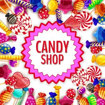 Candy Shop template set of different colors of candy, lollipops, sweets Stock Illustration