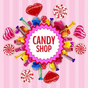 Candy Shop template set of different colors of candy, lollipops, sweets Stock Illustration