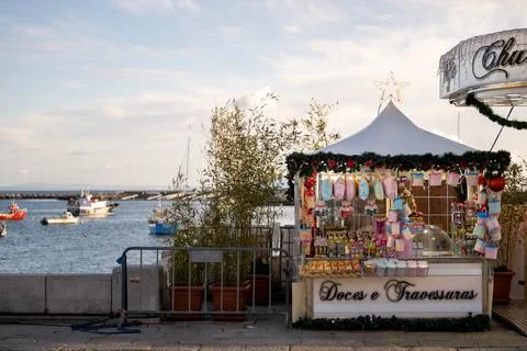 Candy stand beside Cascais harbor waterfront Stock Photos