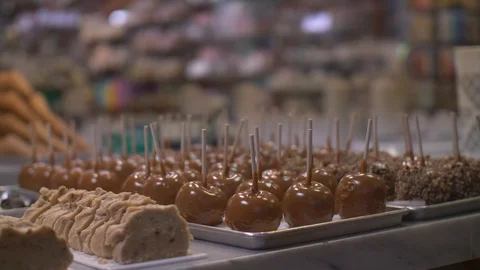 Candy Store with Carmel Covered Apples Stock Footage 93680675