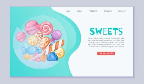 Candy sweet landing banner, vector illustration. Web page with colorful food Stock Illustration