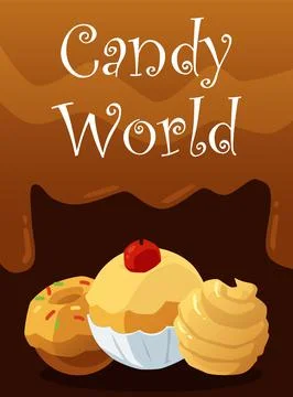 Candy world banner with chocolate caramel sweet and cake, vector illustration. Stock Illustration
