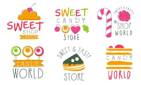 Candy World Logo Templates Set, Sweet and Tasty Store Bright Hand Drawn Badges Stock Illustration