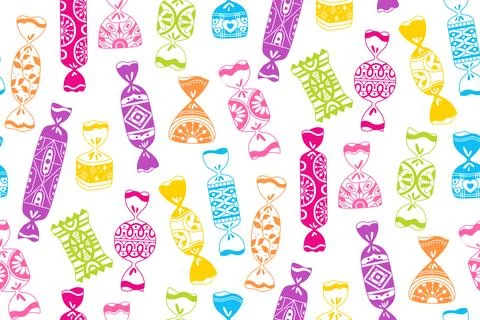 Candy wrapped sweets doodle seamless pattern lollipop boundless background Stock Illustration