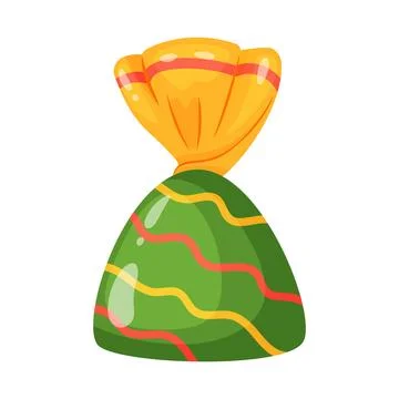 Candy wrapped in yellow cellophane with multi colored lines. flat style Stock Illustration