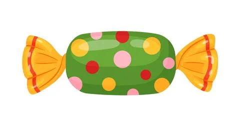 Candy wrapped in yellow cellophane with multi colored polka dots. flat style Stock Illustration