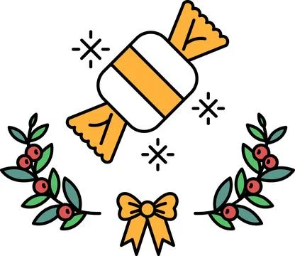 A candy wrapper with a bow on it is surrounded by green leaves Illustrazione stock
