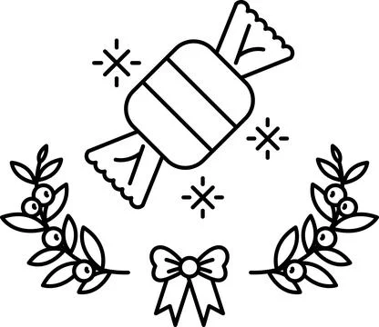 A candy wrapper with a bow on it is surrounded by green leaves Illustrazione stock