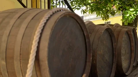 Canelli, close up on ancient wine barrel Stock Footage 79485363